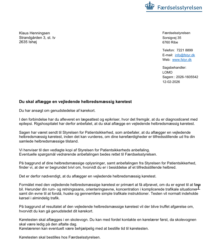 Indkaldelse til orienterende køreprøve